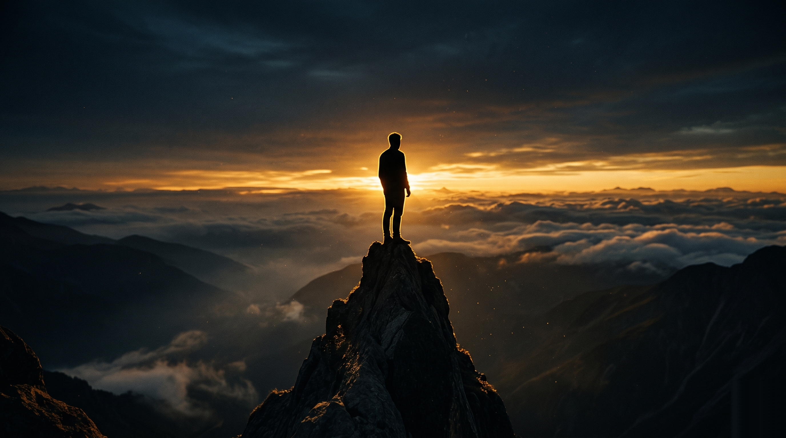 A lone figure standing on a mountain peak at sunrise, overlooking vast misty valleys