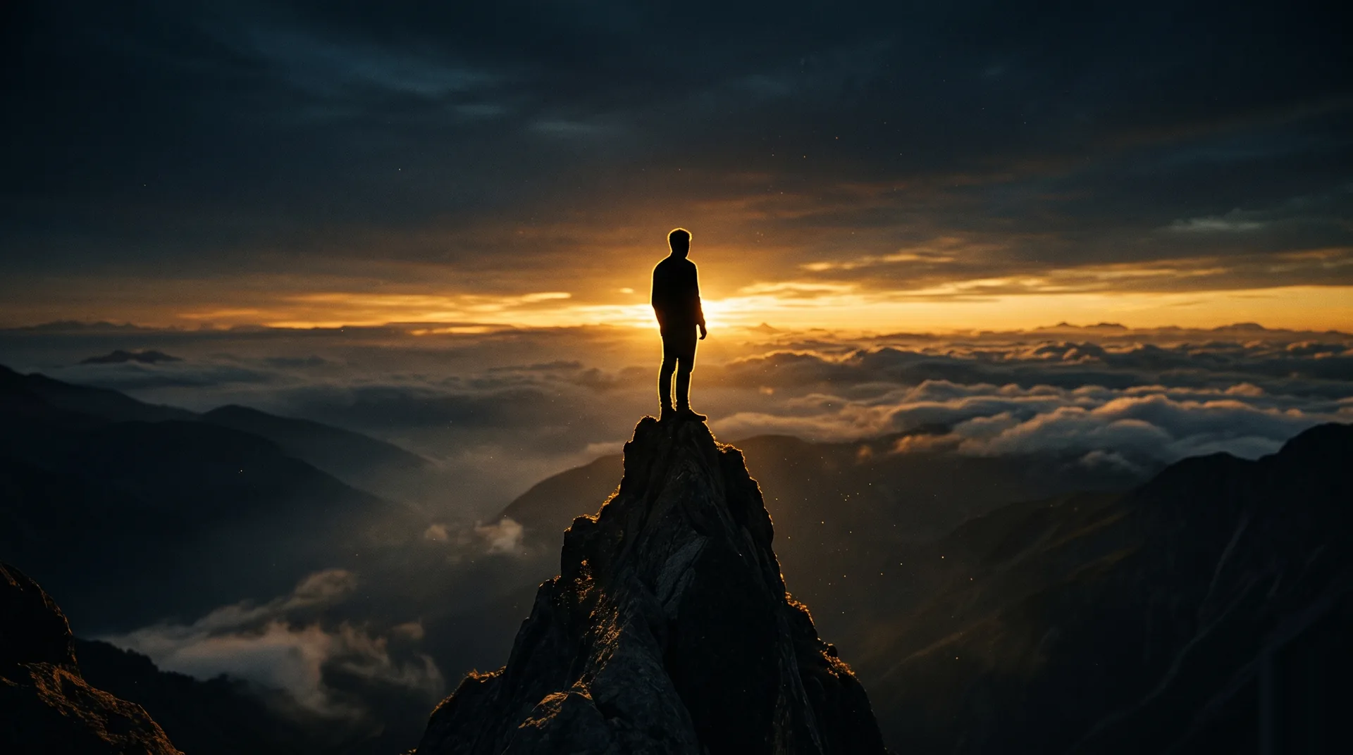A lone figure standing on a mountain peak at sunrise, overlooking vast misty valleys