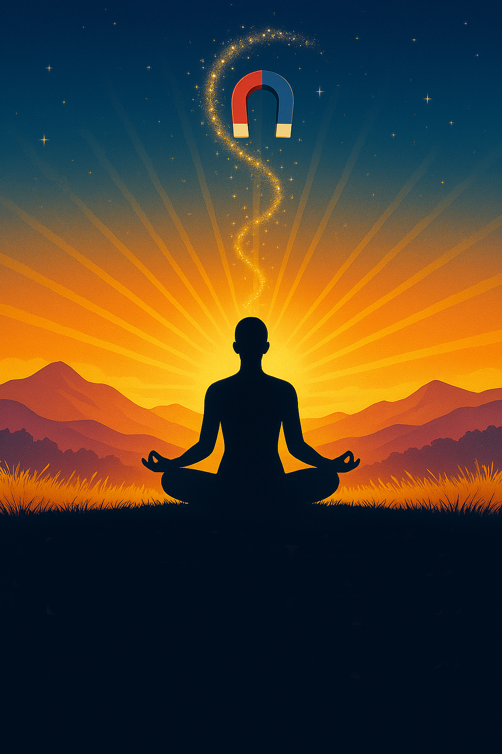 Meditation silhouette at golden hour with golden light radiating outward