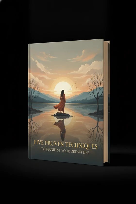 Five Proven Techniques to Manifest Your Dream Life — free guide, shown as a hardback book